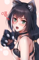 Rule 34 | 1girl, animal ear fluff, animal ears, animal hands, bare shoulders, black bra, black hair, blush, bra, breasts, cat ears, cat girl, cat hair ornament, choker, gloves, green eyes, hair ornament, highres, hua-j, karyl (princess connect!), long hair, looking at viewer, low twintails, multicolored hair, open mouth, paw gloves, princess connect!, small breasts, solo, streaked hair, twintails, underwear