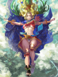 Rule 34 | 1girl, abs, aqua eyes, aztec, blonde hair, breasts, cape, capelet, crown, fate/grand order, fate (series), hair ornament, headband, highres, lips, long hair, navel, no bra, open mouth, panties, piercing, quetzalcoatl (fate), shoes, skirt, underwear