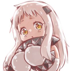 Rule 34 | 10s, 1girl, abyssal ship, bad id, bad pixiv id, horns, kantai collection, long hair, looking at viewer, lowres, mittens, northern ocean princess, open mouth, rima (rimarip), solo, white hair, white mittens, yellow eyes