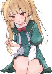Rule 34 | 1girl, absurdres, airenif, between legs, blonde hair, blush, bow, bowtie, closed mouth, frilled sleeves, frills, green sailor collar, green shirt, green skirt, hand between legs, highres, holding, holding hair, knees, looking at viewer, nijisanji, nijisanji en, official alternate costume, pleated skirt, pointy ears, pomu rainpuff, pomu rainpuff (4th costume), red bow, red bowtie, red eyes, sailor collar, shirt, simple background, sitting, skirt, skirt set, solo, twintails, virtual youtuber, white background