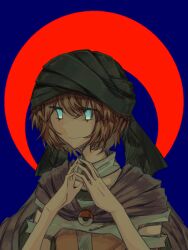 Rule 34 | 1other, androgynous, bandana, black bandana, black cape, black shirt, blue background, blue eyes, brown hair, cape, chinese commentary, cine hamal, closed mouth, collar, commentary request, dark foreground, detached collar, eye of senri, glowing, glowing eyes, highres, jacket, kuzu suzumi, len&#039;en, looking at viewer, open clothes, open jacket, orange jacket, own hands together, purple scarf, scarf, shirt, short hair, sleeveless, sleeveless jacket, sleeveless shirt, smile, sryou548, upper body, white collar