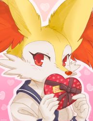 Rule 34 | 1girl, ancesra, animal ear fluff, animal ears, animal nose, artist name, blue neckerchief, blue sailor collar, blush, body fur, box, braixen, brown ribbon, covering own mouth, creatures (company), english text, female focus, fox ears, fox girl, furry, furry female, game freak, gen 6 pokemon, gift, gradient background, hands up, heart, heart-shaped box, heart background, holding, holding box, holding gift, long sleeves, looking at viewer, neckerchief, nintendo, nose blush, outline, pink background, pokemon, pokemon (creature), red eyes, ribbon, sailor collar, school uniform, serafuku, shirt, snout, solo, two-tone fur, upper body, valentine, watermark, white fur, white outline, white shirt, yellow fur