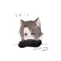 Rule 34 | 1boy, animal ears, arms on table, black gloves, black jacket, blue eyes, brown hair, cat boy, cat ears, chibi, commentary request, covering own mouth, crossed arms, dated, final fantasy, final fantasy viii, fur-trimmed jacket, fur trim, gloves, head on arm, hiryuu (kana h), jacket, male focus, scar, scar on face, short hair, signature, solo, squall leonhart, table, translation request, upper body