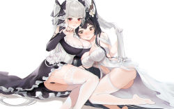 Rule 34 | 2girls, absurdres, ass, azur lane, bare shoulders, between breasts, black bow, black dress, black hair, black nails, black panties, blush, bow, breast press, breasts, brown hair, chinese commentary, cleavage, closed mouth, commentary request, detached sleeves, dress, feet, flower, formidable (azur lane), garter straps, grey hair, hair bow, hair flower, hair ornament, hand up, highres, indomitable (azur lane), large breasts, long hair, looking at breasts, looking at viewer, lying, manjuu (azur lane), multiple girls, nail polish, on side, panties, red eyes, simple background, soles, thighhighs, tongue, tongue out, twintails, underwear, very long hair, white background, white dress, white garter straps, white thighhighs, yuri, zhudouzi