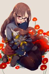 Rule 34 | braid, brown hair, centaur, chibi, echo (circa), fate/grand order, fate (series), flower, glasses, hug, long hair, red eyes, seiza, single braid, sitting, solo, taur, xiang yu (fate), yu mei-ren (fate), yu mei-ren (first ascension) (fate)