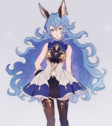 Rule 34 | &gt;:o, 1girl, :o, animal ears, bare arms, bare shoulders, blue hair, breasts, brown thighhighs, commentary request, dress, earrings, erune, ferry (granblue fantasy), frilled dress, frills, gloves, granblue fantasy, grey background, hair between eyes, highres, jewelry, long hair, looking at viewer, medium breasts, o-ishi, open mouth, rabbit ears, sideboob, simple background, single earring, sleeveless, sleeveless dress, solo, standing, thighhighs, v-shaped eyebrows, very long hair, wavy hair, yellow eyes, zettai ryouiki