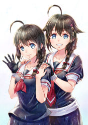 Rule 34 | 2girls, ahoge, asymmetrical gloves, black gloves, black shirt, blue eyes, blue skirt, braid, braided ponytail, brown hair, collar, collarbone, dual persona, fingerless gloves, gloves, grin, hair between eyes, hair ornament, hair over shoulder, hair ribbon, hairpin, highres, kantai collection, long hair, looking at viewer, miniskirt, multiple girls, neckerchief, pleated skirt, red neckerchief, red ribbon, remodel (kantai collection), ribbon, sailor collar, shigure (kancolle), shirt, sho (sumika), short sleeves, simple background, single braid, single glove, skirt, smile, standing, uneven gloves, white background, white sailor collar
