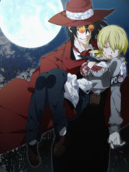 Rule 34 | 1boy, 1girl, alucard (hellsing), armband, black hair, blonde hair, blood, blood on face, blood on clothes, boots, breasts, carrying, cleavage, coat, closed eyes, formal, full moon, gloves, hair between eyes, hellsing, highres, insignia, misaka (missa), moon, name tag, necktie, night, open clothes, open shirt, overcoat, parted lips, police, police uniform, policewoman, red coat, red eyes, seras victoria, shirt, short hair, size difference, suit, sunglasses, tears, uniform, vampire, white gloves