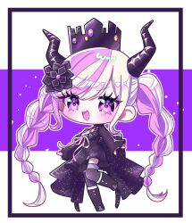 Rule 34 | 1girl, :d, black dress, black footwear, black horns, black thighhighs, boots, braid, breasts, chibi, cleavage, crown, demon horns, dress, full body, hair ornament, highres, horns, long hair, looking at viewer, master detective archives: rain code, medium breasts, multicolored hair, nagipon (relativity eins), open mouth, pink eyes, pink hair, ribbon, shinigami (rain code), smile, solo, standing, thighhighs, twin braids, two-tone hair, very long hair, white hair, white ribbon