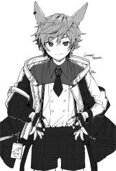 Rule 34 | 1boy, animal ears, arknights, bishounen, closed mouth, fingerless gloves, gloves, greyscale, hair between eyes, id card, jacket, leonhardt (arknights), male focus, monochrome, nagu, necktie, open clothes, open jacket, revision, shorts, signature, simple background, smile, solo, white background