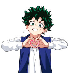 Rule 34 | 1boy, alternate costume, blue vest, blush, boku no hero academia, casual, cel shading, curly hair, freckles, green eyes, green hair, grin, hands up, head tilt, heart, heart hands, highres, hodu (hodumha), korean commentary, long sleeves, looking at another, looking at viewer, male focus, midoriya izuku, open clothes, open vest, shirt, short hair, simple background, smile, solo, straight-on, t-shirt, upper body, vest, white background, white shirt