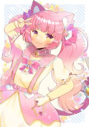 Rule 34 | 1girl, animal ear fluff, animal ears, arm up, bell, blue flower, blush, bow, brown eyes, cat ears, cat girl, cat tail, choker, closed mouth, collarbone, commentary request, diagonal stripes, fingerless gloves, floral background, flower, frills, gloves, gradient hair, indie virtual youtuber, kou hiyoyo, long hair, looking at viewer, magical star (millie (mahoustars)), multicolored hair, neck bell, pink bow, pink choker, pink flower, pink hair, puffy short sleeves, puffy sleeves, shirt, short sleeves, skirt, smile, solo, star-shaped pupils, star (symbol), striped, striped background, suspenders, symbol-shaped pupils, tail, tail bow, tail ornament, twintails, v, very long hair, virtual youtuber, white background, white bow, white gloves, white shirt, white skirt, yellow flower