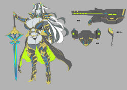 Rule 34 | 1girl, armor, armored boots, bikini armor, black hair, black sclera, boots, breasts, character sheet, cleavage, colored sclera, colored skin, concept art, female focus, green eyes, grey background, grey skin, highres, holding, holding sword, holding weapon, huge breasts, large breasts, lilith-soft, long hair, monster girl, multicolored hair, obui, pointy ears, revealing clothes, smile, solo, sword, taimanin (series), taimanin rpgx, thick thighs, thighs, translation request, two-tone hair, very long hair, weapon, wide hips, wisp (taimanin asagi)