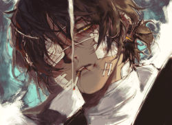 Rule 34 | 1boy, arknights, bandages, bandaid, bandaid on face, black hair, blood, blood on face, cigarette, commentary, dark-skinned male, dark skin, earclip, english commentary, eyepatch, hair between eyes, highres, male focus, manjyufroth, medical eyepatch, mouth hold, portrait, short ponytail, simple background, smoke, smoking, solo, stitched face, stitches, thorns (arknights), yellow eyes