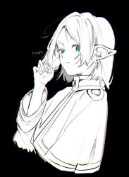 Rule 34 | 1girl, ahoge, alternate hair length, alternate hairstyle, capelet, cropped torso, earrings, elf, frieren, from side, gertrud barkhorn, hand up, highres, holding, holding own hair, jewelry, long sleeves, looking at viewer, looking to the side, meguru 3 17, monochrome, pointy ears, short hair, simple background, solo, sousou no frieren, spot color