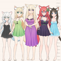 Rule 34 | 5girls, aina (mao lian), animal ear fluff, animal ears, arm at side, arms at sides, babydoll, bare legs, bare shoulders, barefoot, black babydoll, blonde hair, blue babydoll, blue eyes, blush, bow, breasts, brown hair, cat ears, cat tail, cleavage, closed mouth, collarbone, commentary request, curly hair, embarrassed, green babydoll, green bow, green eyes, hair bow, hair ornament, hair over breasts, hair over shoulder, hairclip, hand on own hip, height chart, highres, large breasts, long hair, looking at viewer, looking to the side, mao lian (nekokao), medium breasts, messy hair, multiple girls, nightgown, original, ponytail, purple babydoll, purple eyes, purple nightgown, red hair, small breasts, smile, standing, straight hair, tail, thick eyebrows, thighs, white hair, wolf ears, wolf girl, wolf tail