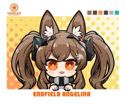 Rule 34 | 1girl, :3, angelina (arknights), angelina (endfield) (arknights), animal ears, arknights, arknights: endfield, blush, border, character name, chibi, color guide, commentary, dog-san, fox ears, fox girl, headpiece, highres, looking at viewer, open mouth, orange background, orange eyes, signature, smile, solo, twintails, upper body, wavy hair