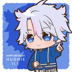 Rule 34 | 1boy, blue background, blue eyes, blue hair, blue shirt, border, character name, chest harness, chibi, chii (chi pppuri), closed mouth, collared shirt, commentary request, drop shadow, hair between eyes, happy birthday, harness, hughie (pretty series), long sleeves, looking at viewer, male focus, multicolored hair, outside border, pink hair, pretty series, shirt, short hair, smile, solo, standing, streaked hair, upper body, waccha primagi!, white border