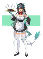 Rule 34 | 1girl, absurdres, alternate costume, apron, arknights, bare shoulders, black footwear, black hair, black skirt, bow, bowtie, breasts, cleavage, commentary, detached sleeves, dusk (arknights), enmaided, food, full body, hand up, highres, holding, holding plate, horns, long hair, long sleeves, looking at viewer, maid, mary janes, medium breasts, miniskirt, open mouth, petticoat, plate, pointy ears, red bow, red bowtie, red eyes, shoes, shouz, skirt, solo, standing, tail, thighhighs, very long hair, waist apron, white apron, white thighhighs, zettai ryouiki