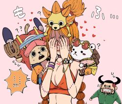 Rule 34 | !, ..., 1girl, 3boys, ?, antlers, antlers through headwear, bangle, bare shoulders, bepo, black hair, blueno, bracelet, braid, breasts, brown fur, cleavage, collarbone, covering face, crop top, earrings, eyewear on head, facial hair, flower, green jumpsuit, hair flower, hair ornament, hat, heart, highres, hoop earrings, horns, jewelry, jumpsuit, large breasts, log pose, long hair, looking at another, low twin braids, low twintails, m (user gjgn8588), midriff, multiple boys, nami (one piece), official alternate costume, official alternate hairstyle, on head, on shoulder, one piece, one piece film: red, open mouth, orange hair, pink background, red hat, reindeer antlers, shoulder tattoo, simple background, spaghetti strap, speech bubble, spoken ellipsis, spoken exclamation mark, sweatdrop, tattoo, thousand sunny, tony tony chopper, twin braids, twintails, upper body, white fur