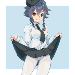 Rule 34 | 1girl, anzio school uniform, belt, beret, black belt, black hair, black hat, black necktie, black skirt, blaze (blazeillust), blue background, braid, brown eyes, clothes lift, commentary, cowboy shot, dress shirt, emblem, girls und panzer, hat, highres, lifted by self, long sleeves, looking at viewer, necktie, pantyhose, pepperoni (girls und panzer), pleated skirt, school uniform, shirt, short hair, side braid, simple background, skirt, skirt lift, smile, solo, white pantyhose, white shirt, wing collar