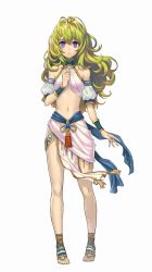 Rule 34 | 1girl, ankle wrap, artist request, barefoot sandals (jewelry), blue eyes, bracer, breath of fire, breath of fire 6, feet, full body, green hair, highres, legs, long hair, midriff, navel, nina (breath of fire 6), official art, simple background, skirt, solo, stirrup legwear, toeless legwear, toes, white background