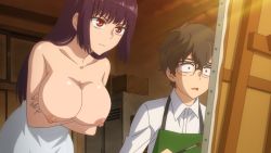 Rule 34 | 1boy, 1girl, apron, arms under breasts, black hair, bouncing breasts, breasts, brown eyes, brown hair, cleavage, closed mouth, crossed arms, embarrassed, closed eyes, glasses, hachiouji naoto, hanging breasts, highres, holding, holding paintbrush, huge breasts, ijiranaide nagatoro-san, indoors, leaning forward, long hair, naked towel, nipples, nude filter, one eye closed, paintbrush, screencap, shirt, short hair, sitting, standing, sunomiya sana, surprised, third-party edit, towel, white shirt
