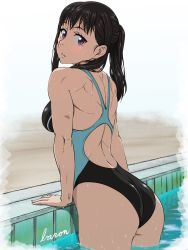 Rule 34 | 1girl, artist name, ass, back, backless swimsuit, bare legs, bare shoulders, black hair, black one-piece swimsuit, blush, breasts, competition swimsuit, cowboy shot, curvy, en&#039;en no shouboutai, eyelashes, highleg, highleg swimsuit, highres, long hair, looking at viewer, looking back, maki oze, medium breasts, muscular, muscular female, one-piece swimsuit, parted lips, ponytail, pool, purple eyes, shiny skin, shoulder blades, sideboob, simple background, solo, swimsuit, thighs, toned, upper body, varon, water, wet, wet hair