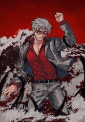 Rule 34 | 1boy, akagi: yami ni oritatta tensai, belt, black belt, buttons, clenched hand, collared shirt, commentary, cowboy shot, formal, fukumoto mahjong, grey hair, grey jacket, grey pants, hair slicked back, highres, hirayama yukio, jacket, long sleeves, looking down, male focus, ocean, open clothes, open jacket, open mouth, pants, partially submerged, pectoral cleavage, pectorals, red background, red eyes, red shirt, shirt, short hair, solo, ssom omo, standing, striped clothes, striped jacket, striped pants, suit, sunglasses, vertical-striped clothes, vertical-striped jacket, vertical-striped pants, waves