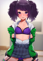 Rule 34 | 1girl, :d, blush, bra, breasts, check commentary, commentary request, diagonal bangs, emoto shikeko, highres, idolmaster, idolmaster shiny colors, jacket, looking at viewer, medium breasts, official art, open clothes, open mouth, pov, purple bra, purple eyes, purple hair, school uniform, sitting, sitting on person, skirt, smile, sweat, tanaka mamimi, thigh strap, thighhighs, twintails, underwear