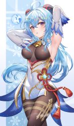 Rule 34 | 1girl, absurdres, ahoge, armpits, arms behind head, arms up, bare shoulders, bell, blue hair, breasts, breasts apart, brown leotard, brown pantyhose, covered navel, cowbell, cowboy shot, detached collar, detached sleeves, flower knot, ganyu (genshin impact), genshin impact, goat horns, gold trim, highres, horns, iino (isnyong), leotard, long hair, long sleeves, looking at viewer, low ponytail, medium breasts, orb, pantyhose, parted lips, pelvic curtain, purple eyes, rope, snowflakes, solo, standing, tassel, very long hair, vision (genshin impact), waist cape