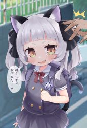 Rule 34 | 1girl, ^^^, absurdres, aged down, animal ears, bag, black jacket, black skirt, blunt bangs, bow, bowtie, cat ears, cat girl, cat tail, child, cocozasa, commentary request, crime prevention buzzer, fang, hair ribbon, highres, hololive, jacket, kindergarten bag, long hair, looking at another, murasaki shion, open mouth, outdoors, pleated skirt, red bow, red neckwear, ribbon, school uniform, serafuku, short eyebrows, silver hair, skirt, smile, solo focus, sweat, tail, translation request, twintails, virtual youtuber, wavy hair, yellow eyes