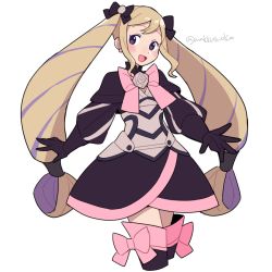 Rule 34 | 1girl, armor, armored dress, black capelet, black dress, black gloves, black ribbon, blonde hair, blush, bow, bowtie, capelet, do m kaeru, dress, drill hair, elise (fire emblem), faulds, fire emblem, fire emblem fates, gloves, hair ribbon, hair tubes, long hair, looking at viewer, multicolored hair, nintendo, open mouth, pink bow, pink bowtie, purple eyes, purple hair, ribbon, sidelocks, simple background, smile, solo, twin drills, twintails, twitter username, two-tone hair, very long hair, white background