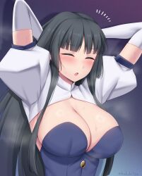 Rule 34 | 1girl, arms behind head, arms up, black hair, blush, breasts, cleavage, closed eyes, elbow gloves, gloves, highres, kaguya jingu, large breasts, long hair, open mouth, sweatdrop, under night in-birth, under night in-birth 2 sys:celes