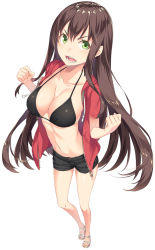 Rule 34 | 1girl, bad id, bad perspective, bad pixiv id, bikini, bikini top only, brown hair, foreshortening, full body, green eyes, jacket, kimura (ykimu), long hair, looking at viewer, open clothes, open jacket, open mouth, original, shorts, simple background, solo, standing, swimsuit