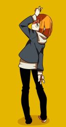 Rule 34 | 1girl, ammonio, black pants, denim, double v, from behind, full body, high contrast, hood, hood down, hooded jacket, jacket, jeans, looking at viewer, looking back, monochrome, orange hair, original, pants, simple background, solo, standing, v, yellow background