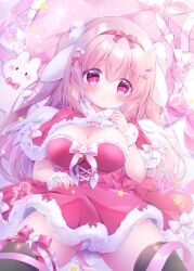 Rule 34 | 1girl, animal ears, black thighhighs, blush, breasts, cameltoe, chiika (cure cherish), cleavage, commentary request, dress, fake animal ears, fur-trimmed dress, fur cuffs, fur trim, hair ribbon, large breasts, long hair, looking at viewer, original, panties, parted lips, pink eyes, pink hair, pink ribbon, rabbit ears, red dress, ribbon, santa dress, short dress, solo, thighhighs, thighs, two side up, underwear, white panties, white ribbon, wrist cuffs