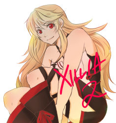 Rule 34 | 1girl, bare shoulders, boots, breasts, long hair, milla (fractured), orange hair, red eyes, simple background, skirt, smile, solo, tales of (series), tales of xillia, tales of xillia 2