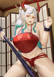 Rule 34 | 1girl, bare shoulders, breasts, club (weapon), drop earrings, earrings, gluteal fold, gradient hair, grey hair, hands up, horns, huge breasts, indoors, jewelry, long hair, looking to the side, multicolored hair, navel, one piece, open mouth, panties, ponytail, see-through, solo, teemu taiga, teeth, underwear, upper teeth only, weapon, white hair, yamato (one piece), yellow eyes