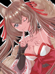 Rule 34 | 1girl, absurdres, animal ears, bare shoulders, blue eyes, breasts, brown hair, caleen keemosn, choker, cleavage, commission, detached sleeves, female focus, finger to mouth, fox ears, fox girl, fox tail, hair ribbon, highres, japanese clothes, konpeki, long hair, looking at viewer, miko, multiple tails, one eye closed, ribbon, runes, simple background, smile, star ocean, star ocean anamnesis, tail, twintails, very long hair, wink