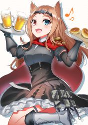 Rule 34 | 1girl, :d, absurdres, alcohol, animal ears, archetto (arknights), arknights, beer, beer mug, black corset, black dress, blonde hair, blue eyes, boots, bread, cape, corset, cowboy shot, cup, dress, fang, food, gloves, heterochromia, highres, holding, holding tray, infection monitor (arknights), k@bu, leg up, long hair, looking at viewer, mug, musical note, open mouth, polka dot, polka dot background, red cape, red eyes, shadow, skin fang, smile, tray, white background, white footwear, wrist guards