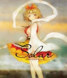 Rule 34 | 1girl, album cover, bare legs, blonde hair, cover, expressionless, hair ornament, highres, ichihaya, looking back, profile, shawl, short hair, skirt, solo, standing, toramaru shou, touhou, wide sleeves, yellow eyes
