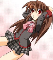 Rule 34 | 1girl, adjusting hair, bow, brown hair, little busters!, long hair, mouth hold, natsume rin, pink bow, plaid, plaid skirt, ponytail, red eyes, school uniform, skirt, solo, souzuki sora
