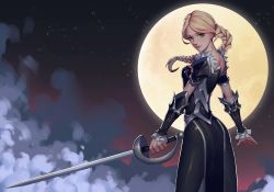 Rule 34 | 1girl, absurdres, black pantyhose, blonde hair, blue eyes, bow, braid, grey background, hair bow, highres, holding, holding sword, holding weapon, long hair, looking at viewer, moon, night, original, pantyhose, rapier, solo, sword, weapon, yus