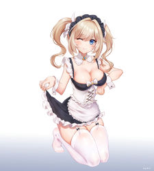 Rule 34 | 1girl, ;), alternate costume, areola slip, barbara (genshin impact), bare shoulders, black dress, blonde hair, blue eyes, blush, breast hold, breasts, cleavage, closed mouth, corset, covered erect nipples, detached collar, dress, enmaided, frilled dress, frills, full body, garter straps, genshin impact, hair intakes, highres, kneeling, long hair, maid, maid headdress, medium breasts, no shoes, one eye closed, short dress, sidelocks, skirt hold, sleeveless, smile, solo, thighhighs, twintails, underbust, white thighhighs, wrist cuffs, yukiri (l ii), zettai ryouiki