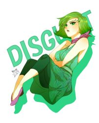 Rule 34 | 1girl, bad id, bad pixiv id, character name, disgust (inside out), disney, flats, green eyes, green hair, green leggings, inside out, leggings, matching hair/eyes, mum (pixiv1182764), personification, pixar, short hair, solo