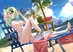 Rule 34 | 1girl, anklet, antlers, arms up, bar censor, barefoot, beach, beach chair, blush, breasts, censored, ceres fauna, day, dutch angle, eyewear lift, female pubic hair, food, fruit, full body, green hair, hololive, hololive english, horns, jewelry, large breasts, long hair, looking at viewer, multicolored hair, nail polish, no shoes, nude, outdoors, pubic hair, single thighhigh, solo, stirrup legwear, streaked hair, sunglasses, sydus, thighhighs, toeless legwear, toenail polish, toenails, virtual youtuber, watermelon, watermelon slice, white thighhighs, yellow eyes
