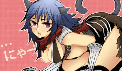 Rule 34 | 1girl, all fours, animal ears, armor, assassin cross (ragnarok online), bare shoulders, black thighhighs, black vest, blue hair, blush, breasts, brown skirt, cat ears, cat girl, cat tail, chest belt, cleavage, commentary request, eremes guile, eyes visible through hair, full body, gauntlets, genderswap, genderswap (mtf), hair between eyes, kemonomimi mode, leg armor, looking at viewer, medium breasts, nose blush, open mouth, pauldrons, pink background, purple eyes, ragnarok online, red scarf, scarf, shoulder armor, skirt, solo, sptbird, tail, teeth, thighhighs, torn clothes, torn scarf, upper teeth only, vest