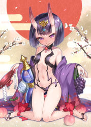 Rule 34 | 1girl, ankle ribbon, bare shoulders, barefoot, barefoot sandals (jewelry), branch, breasts, cherry, cup, fang, fang out, fate/grand order, fate (series), flower, food, fruit, full body, gluteal fold, gourd, grapes, hair ornament, holding, holding food, holding fruit, horns, japanese clothes, kimono, kneeling, leg ribbon, looking at viewer, matanonki, mouth hold, navel, peach, purple eyes, purple hair, red ribbon, ribbon, sakazuki, short hair, shuten douji (fate), shuten douji (first ascension) (fate), skin-covered horns, small breasts, smile, solo, thigh gap, wide sleeves