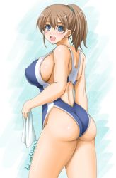 Rule 34 | 1girl, akimoto dai, ass, back, blue background, blue eyes, blue one-piece swimsuit, blush, breasts, brown hair, competition swimsuit, covered erect nipples, cowboy shot, dated, gradient background, hair between eyes, highleg, highleg swimsuit, highres, impossible clothes, impossible swimsuit, intrepid (kancolle), kantai collection, large breasts, looking back, one-hour drawing challenge, one-piece swimsuit, open mouth, ponytail, short hair, smile, solo, swimsuit, twitter username